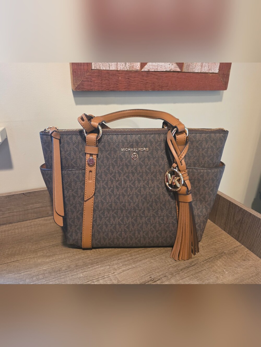 Michael Kors Brown Monogram Satchel with Tan Trim and Tassel